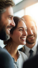 Fototapeta premium A smiling woman stands among colleagues in a bright office environment representing teamwork and workplace happiness. 