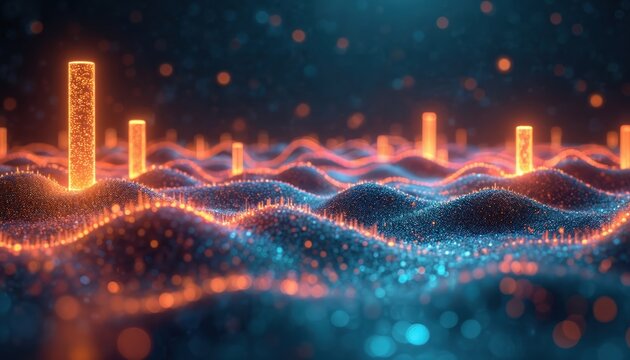 Abstract digital landscape with glowing orange bars on a wavy blue and orange particle surface. Futuristic data visualization, network connections, or financial graph simulation in cyberspace. - Powered by Adobe