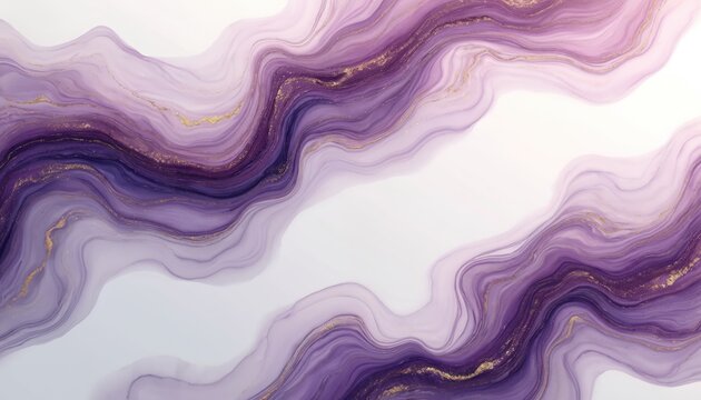 Abstract purple and gold liquid background with wavy patterns. Elegant fluid art with shimmering streaks creates a luxurious and modern aesthetic for design projects. Gentle color blending.