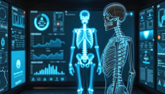 Glowing human skeleton models on futuristic screens displaying medical data charts. Doctors analyze patient anatomy on modern interfaces. Future health care diagnostics. - Powered by Adobe