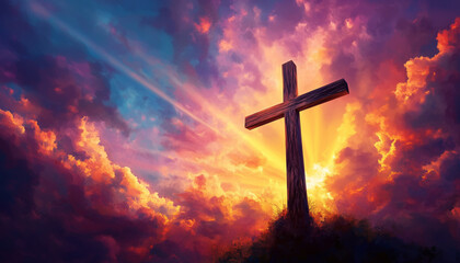 Christian easter. Conceptual religious symbol on a colorful sky at sunset