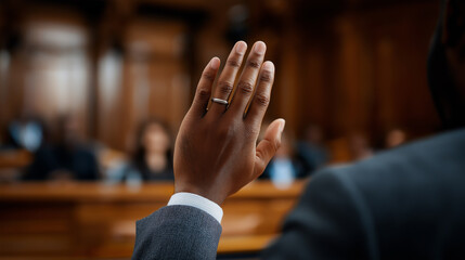 A man raises his hand during a formal courtroom or parliamentary session.
