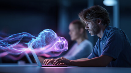 Young programmers work at computers with glowing abstract digital energy visualizing advanced technology.
