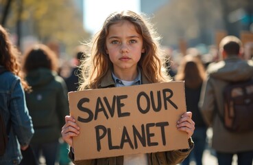 Young girl holds Save Our Planet sign at climate protest with crowd. Child advocates for earth preservation supporting eco-friendly future. Girl demands change for green planet.