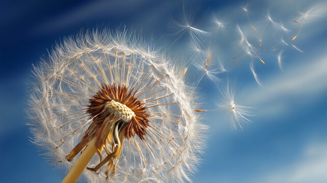 綿毛が春風に乗って青空へ舞い上がる昼のたんぽぽ接写