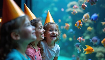Kids wearing party hats look amazed at colorful fish in aquarium. Friends celebrate birthday with ocean life, joyful event and marine wonder.