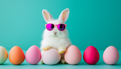 Fototapeta premium Cool bunny with sunglasses on colorful background