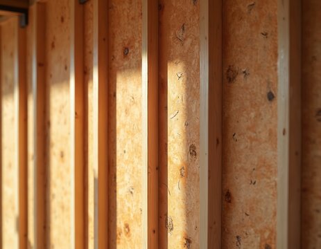 Construction site of wooden house framing. Vertical beams and plywood sheets form exterior wall structure. Sunlit timber frame awaits completion.