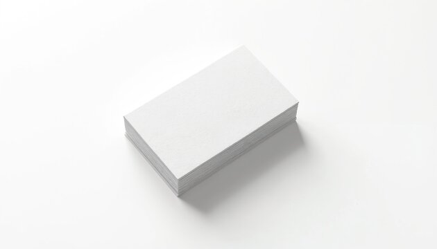 Stack of blank white textured business cards lies on clean white surface. Vertical cards await graphic design customization for pro identity.