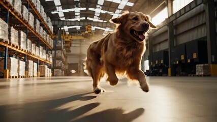 A joyful golden retriever, full of energy, playfully runs and leaps through a sunlit industrial warehouse, an unexpected, heartwarming scene in the organized space