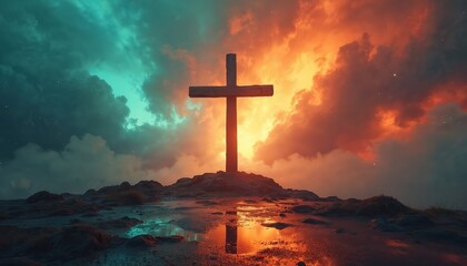 Wooden cross stands on rocky ground with dramatic sky and cloud formations in vibrant orange and teal hues. Reflection seen in wet surface below. Symbolizes faith hope and salvation.