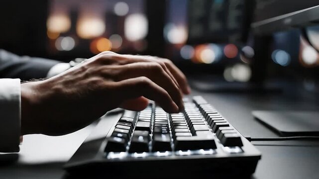 Close-up of hands typing on a keyboard at night
