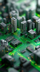 Obraz premium A futuristic cityscape rises from a glowing circuit board symbolizing digital infrastructure and smart technology. 