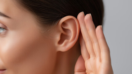 A close-up of a woman holding her hand behind her ear to symbolize listening and hearing attention.
