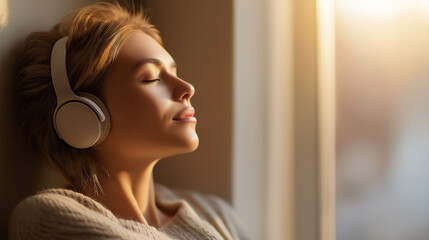 A relaxed woman enjoys music through headphones while resting indoors surrounded by soft light and green plants.
