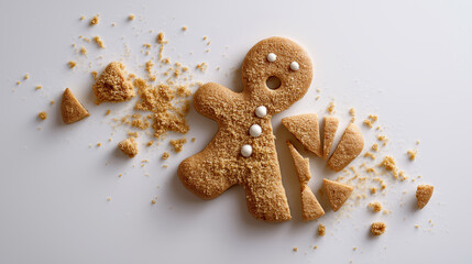 Broken gingerbread cookie shaped like a man symbolizing failure, loss or holiday mishap.

