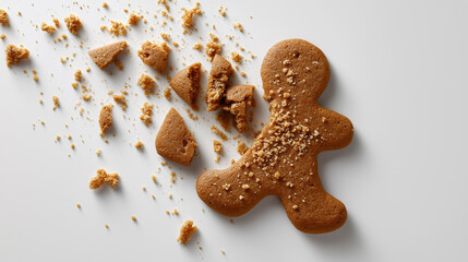 Broken gingerbread cookie shaped like a man symbolizing failure, loss or holiday mishap.
