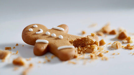 Fototapeta premium Broken gingerbread cookie shaped like a man symbolizing failure, loss or holiday mishap. 