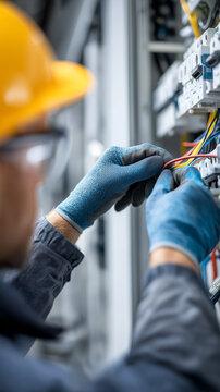 A professional electrician wearing safety gloves installs and organizes colorful network cables inside an industrial server or electrical control cabinet.
