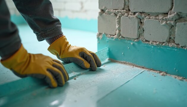 Builder applies waterproofing tape on bathroom floor. Worker installs sealing band at wall corner. Home renovation includes damp proofing layer for wet areas. Construction and repair work.