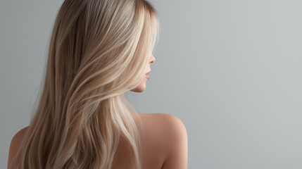 Fototapeta premium Side profile of a woman with smooth blonde hair highlighting beauty, hairstyle and elegance. 