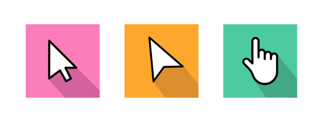 Mouse cursor icon set on colorful backgrounds, Cursor pointer icons, Click hand cursor symbols, UI interaction icons, Web interface cursor set, Vector illustration.