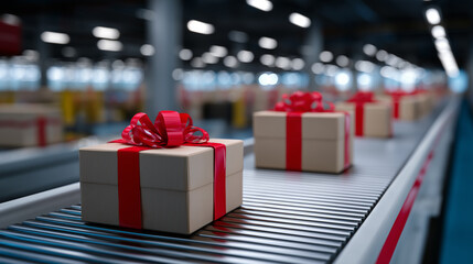 Wrapped gift boxes moving on a conveyor belt inside a warehouse representing festive logistics and fulfillment.
