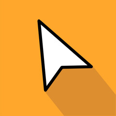 Cursor arrow icon on orange background, Mouse pointer symbol with long shadow, User interface navigation graphic, Selection cursor UI icon, Pointer icon design, Vector illustration.