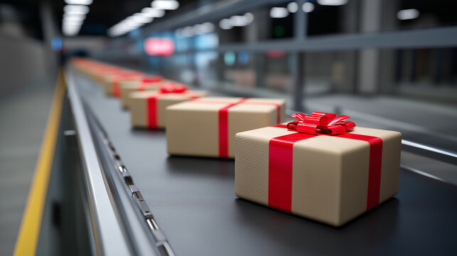 Wrapped gift boxes moving on a conveyor belt inside a warehouse representing festive logistics and fulfillment.
 - Powered by Adobe