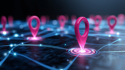 Glowing location pins on a digital map representing navigation, tracking and geolocation technology.
