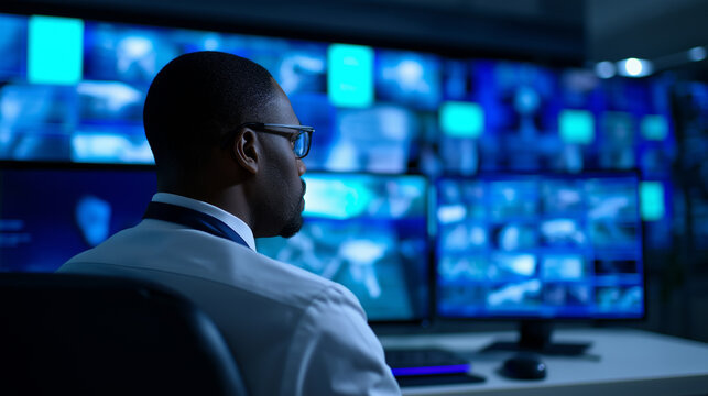 A security operator monitoring multiple surveillance screens in a control room representing digital safety and system oversight.
