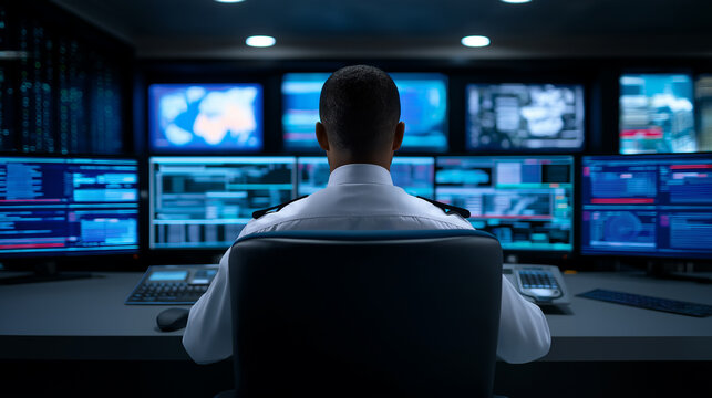 A security operator monitoring multiple surveillance screens in a control room representing digital safety and system oversight.
 - Powered by Adobe