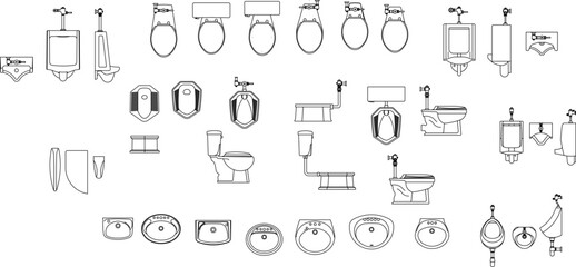 Comprehensive vector set of bathroom sanitary ware. Includes toilets, urinals, and sinks in minimalist line art for interior planning and design. © Riki
