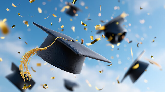 Graduation caps flying in the air symbolizing academic success, education and achievement.
