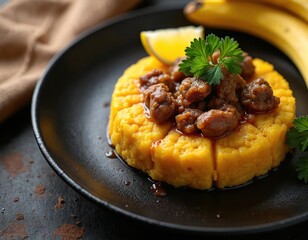 Obraz premium Yellow mofongo dish made from mashed plantains, pork meat sits on black plate garnished with parsley, lemon slice. Two bananas rest in background on table. Traditional Puerto Rican food preparation.