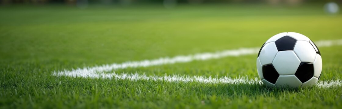 Classic soccer ball rests on green grass field near white line. Simple sport background for game promo or event announcement. Perfect for football graphics.