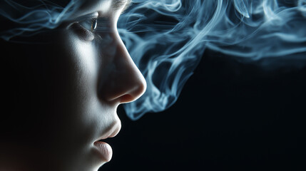 Obraz premium A human face partially obscured by flowing smoke creating a mysterious and abstract emotional concept. 