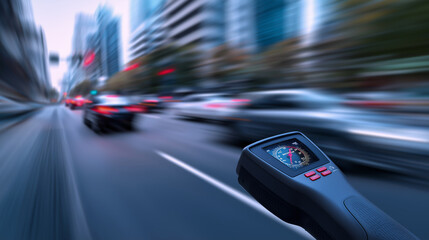 Fototapeta premium Urban surveillance camera monitoring busy city traffic symbolizing security and smart city technology. 