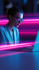 Naklejka na ściany i meble A young man working on a laptop with neon light trails representing coding, technology and digital creativity. 