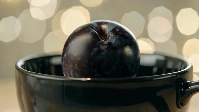 Detailed 4K close up stock footage featuring single black prune slowly rotating on its axis inside black cup utilizing very shallow depth of field for aes tic