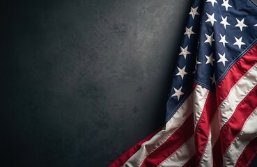 American flag hangs in front of dark textured wall. Red white blue fabric drapes gracefully. Stars and stripes are visible on cloth. Copy space on left.