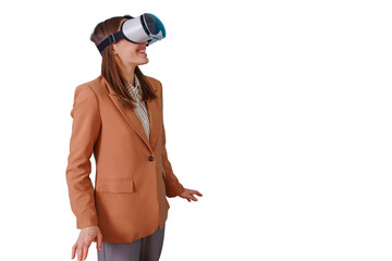 Businesswoman interacting with virtual reality, wearing a vr headset and smiling. Transparent background for easy integration