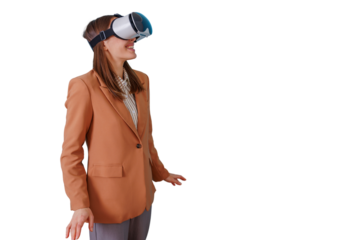 Businesswoman interacting with virtual reality, wearing a vr headset and smiling. Transparent background for easy integration