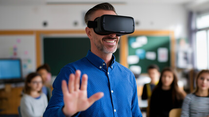 A man wearing virtual reality goggles interacting in front of an audience illustrating immersive technology and education.
