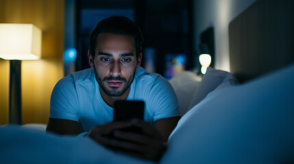 A man using a smartphone in bed at night illuminated by warm light representing digital lifestyle and relaxation.
