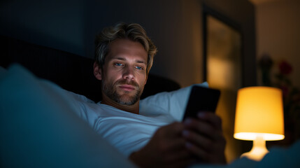 A man using a smartphone in bed at night illuminated by warm light representing digital lifestyle and relaxation.
