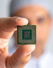 Close Up Of A Hand Holding A Microchip With Intricate Details And Golden Pins In Soft Natural Light