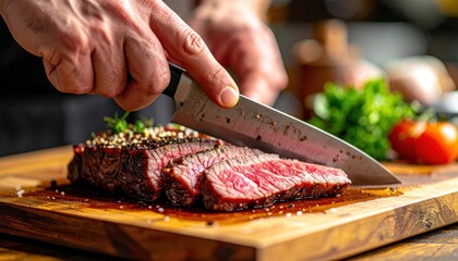 Close Up Of Hands Slicing A Perfectly Cooked Steak With A Sharp Knife On A Wooden Cutting Board With Fresh Herbs And Tomatoes In The Background Dramatic Lighting