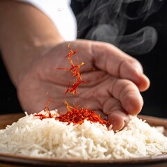 Chef Hand Sprinkling Vivid Red Saffron Threads Over Steaming White Rice in Wooden Bowl Warm Lighting Professional Culinary Preparation