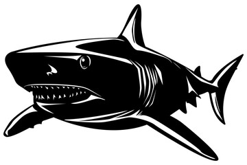 Bold and Powerful Great White Shark Vector Illustration, a Striking Monochrome Graphic Design of an Aquatic Predator with Sharp Teeth, Ideal for Logos or Marine Themes